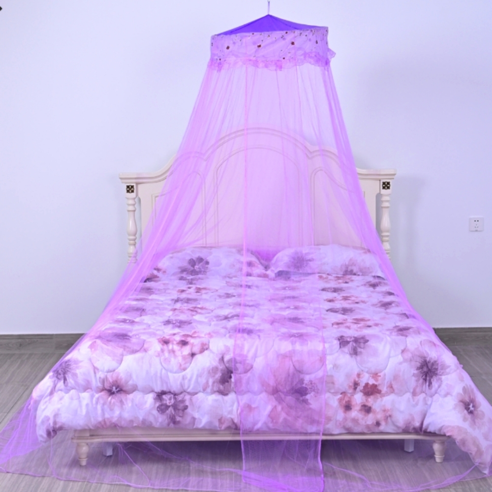 Bed Canopy/Mosquito Net Portable in Purple with Embroidered Flowers.
